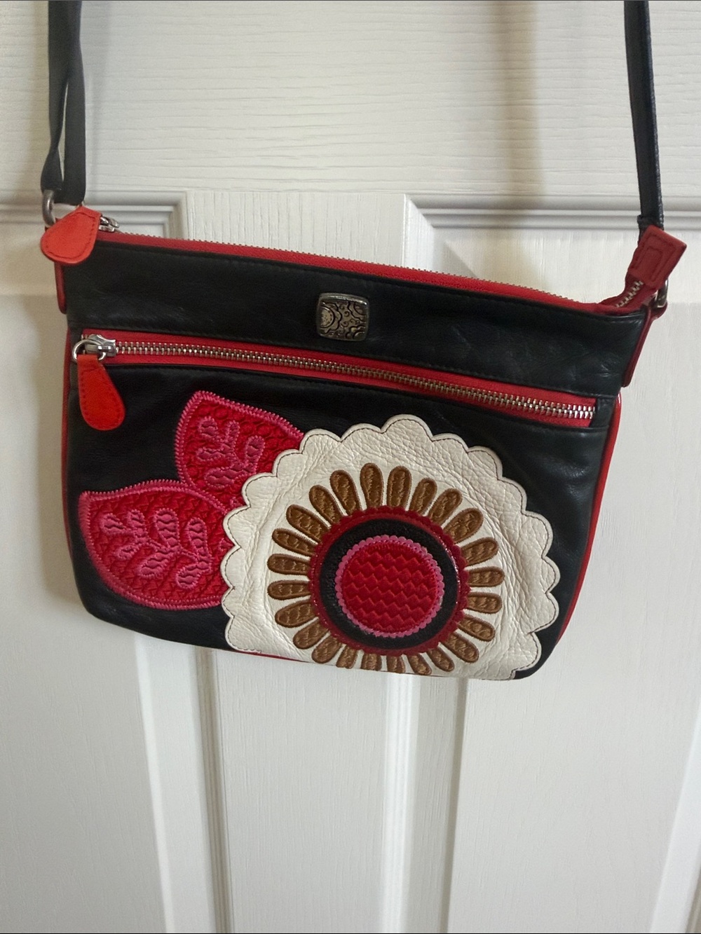 Brighton Black Leather Crossbody Bag with Pink & White Floral Applique